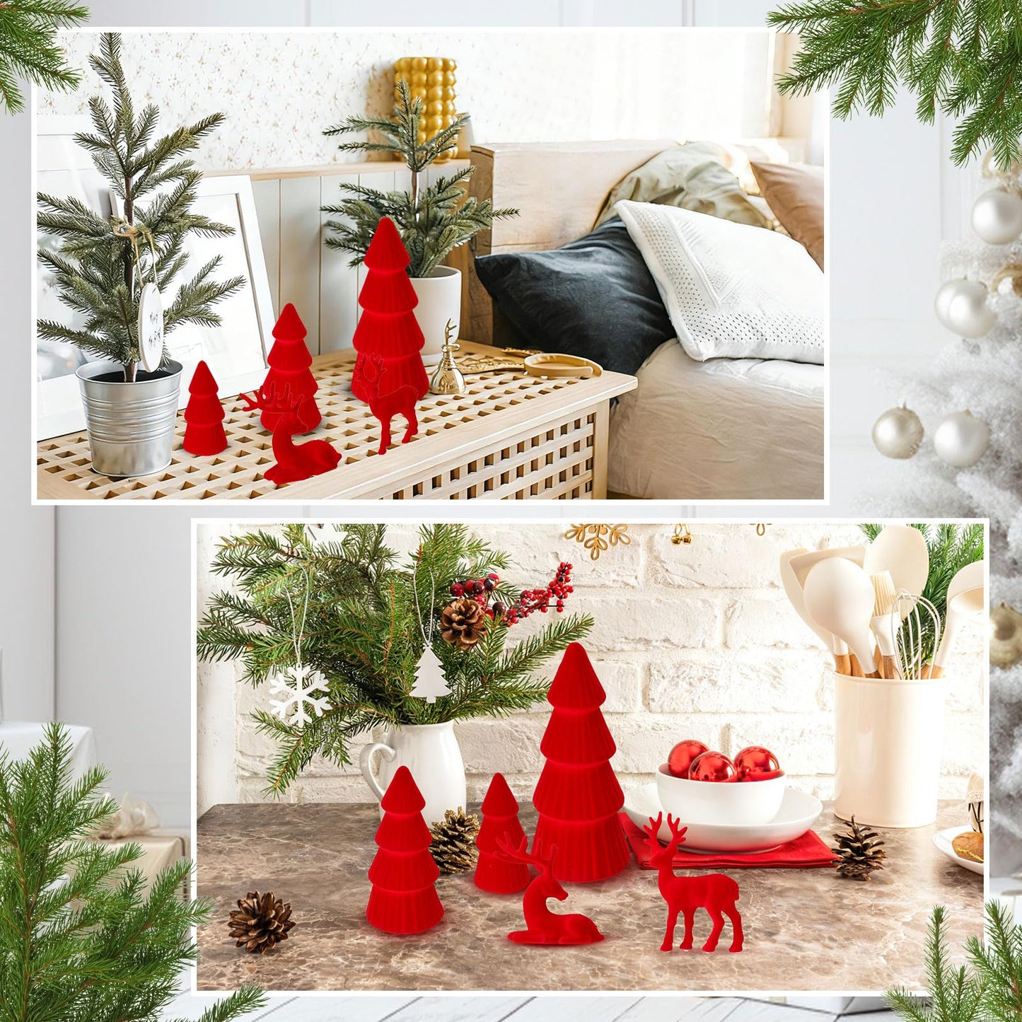 Amyhill 5 Pack Christmas Velvet Reindeer & Tree Decor Christmas Reindeer Decor Tree Figurine for Indoor Home Decoration Tabletop Mantle Cabinet Desktop Office(Red)