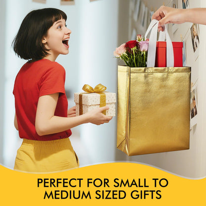 RACETOP Medium Gold Gift Bags with Handles – Set of 15 Reusable 100g Gold Party Favor Bags - Ideal for Birthday, Wedding, Bachelorette, Holiday Goodie Bags – 8x4x10 Inches, Upgraded
