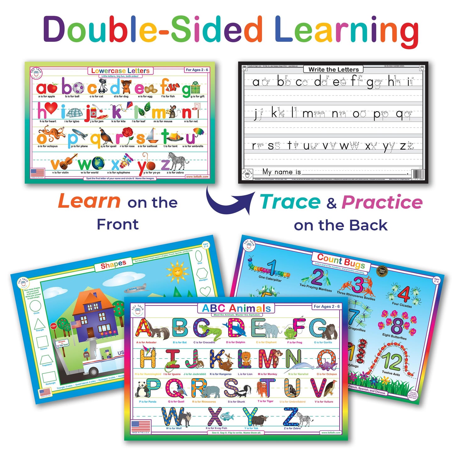 Tot Talk Early Learning Educational Placemat 4-Pack for Kids – Made in USA – Uppercase ABCs Alphabet, Lowercase ABCs, Numbers and Shapes – Durable, Double-Sided, Waterproof, Wipeable Learning Mats