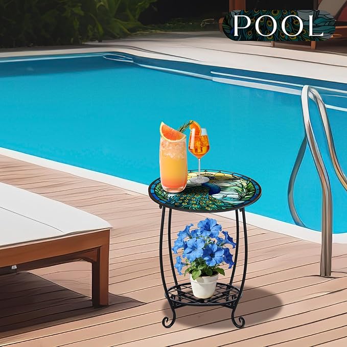 Cinnvoice Outdoor Side Table Round Small Mosaic Patio Accent Indoor End Plant