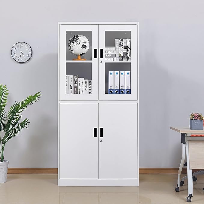 Metal Storage Cabinet with Doors and Shelves, 2 Adjustable Shelves, 4 Doors