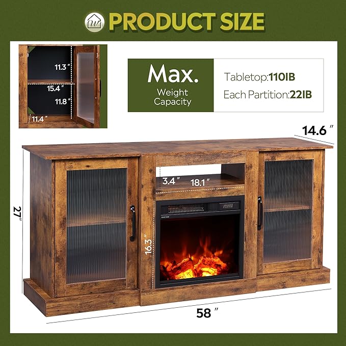 WLIVE Fireplace TV Stand for 65" TV, Entertainment Center