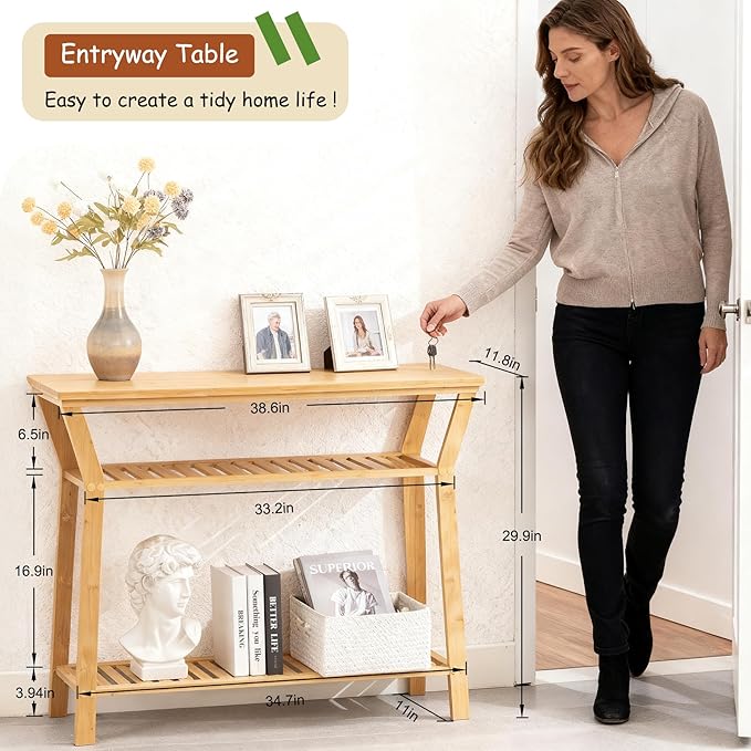 Nnewvante Bamboo Console Table, 38.6" Entryway Table