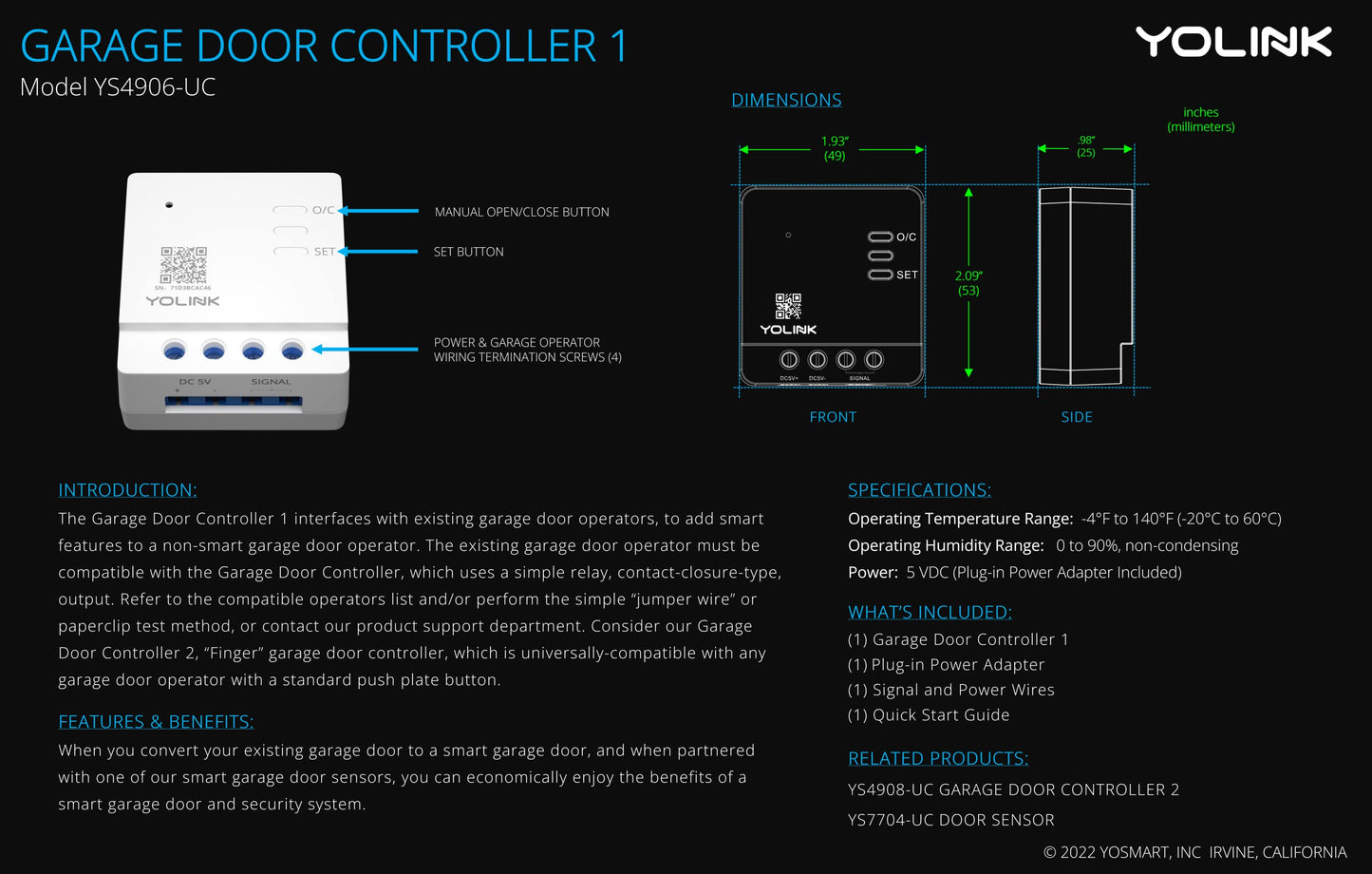 Smart Garage Door Kit with YoLink Hub - YoLink 1/4 Mile World's Longest Range Garage Door Controller and Wireless Sensor Compatible with Alexa IFTTT