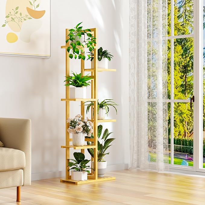 ROMGUAR CRAFT 6 Tier Bamboo Plant Stand Indoor, Wood Tall Flower Holder Corner