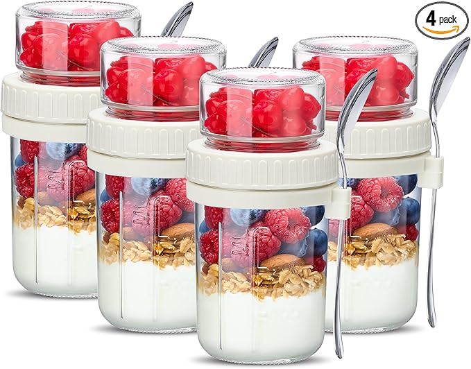 Danmu 4 Pack Overnight Oats Containers with Lids 21 oz (16+5),Dual-Layer Yogurt Parfait Cups with Lids,Meal Prep Containers Glass for Snack,Overnight Oats,Yogurt,Parfait,Salad Dishwasher Safe