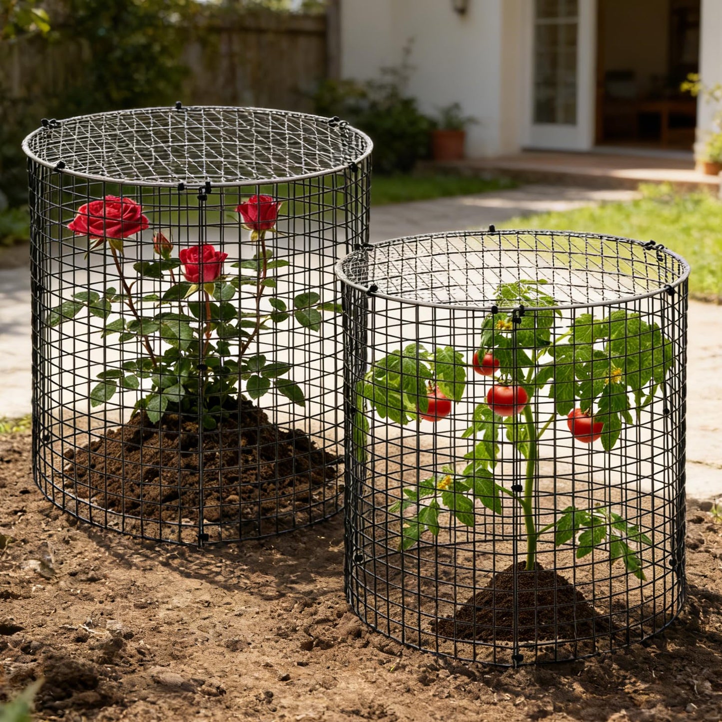 10 Sets 12"x 12" Garden Plant Protectors from Animals with Detachable Covers Metal Plant Cage Chicken Wire Cloche with Ground Stakes & Nylon Tie Wire Plant Cage to Keeping Bunny Animals Out Chicken