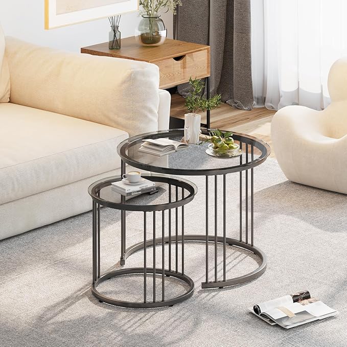 Garden 4 you Nesting Coffee Table, 23.6" Round Coffee Table Set of 2, Glass