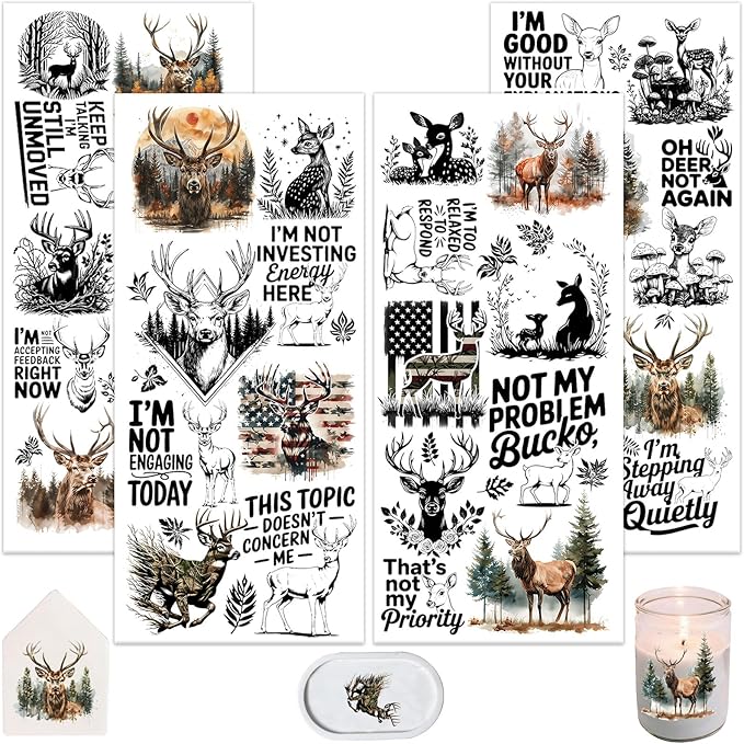 4 Sheets Rub on Transfers for Crafts, Forest Deer Furniture Transfers for Wood