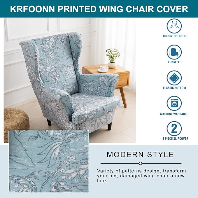 KRFOONN Velvet Wing Chair Slipcovers 2 Piece Stretch Printed Wingback Chair