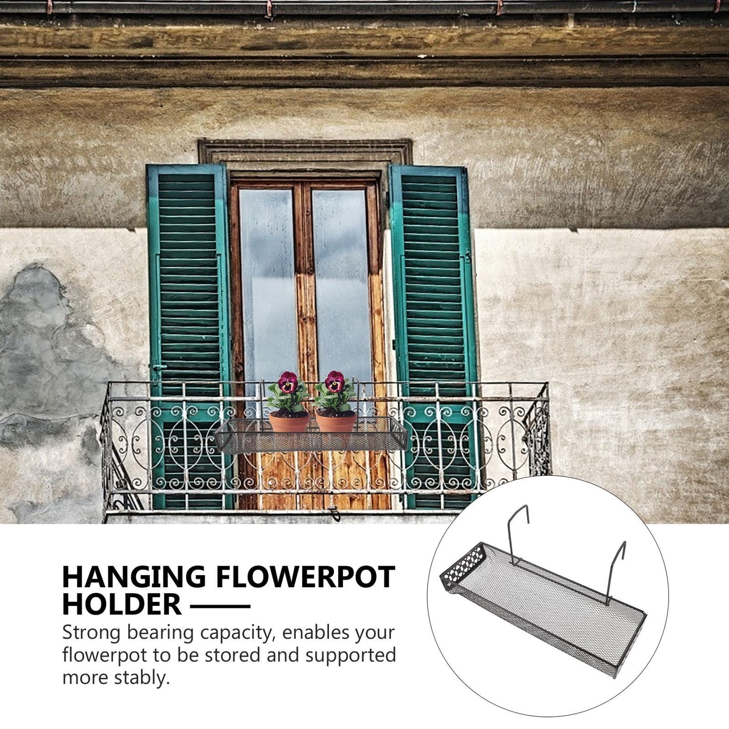 RUNROTOO Black Metal Hanging Plant Stand Hooks Indoor Flower Rack Balcony Garden Patio Railing Shelf