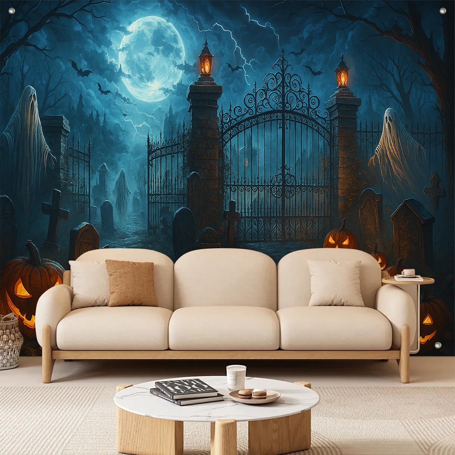 BlissYard Halloween Backdrop Banner for Party Decoration Photography Haunted Graveyard Ghosts Glowing Lanterns Full Moon 8x6ft Perfect for Spooky Halloween Party Horror Events