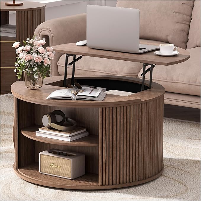 JOINICE 31.5" Round Lift Top Coffee Table, Mid Century Modern Walnut Center