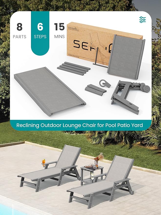SERWALL Textilene Patio Chaise Lounge Chair, 5 Positions Adjustable Outdoor