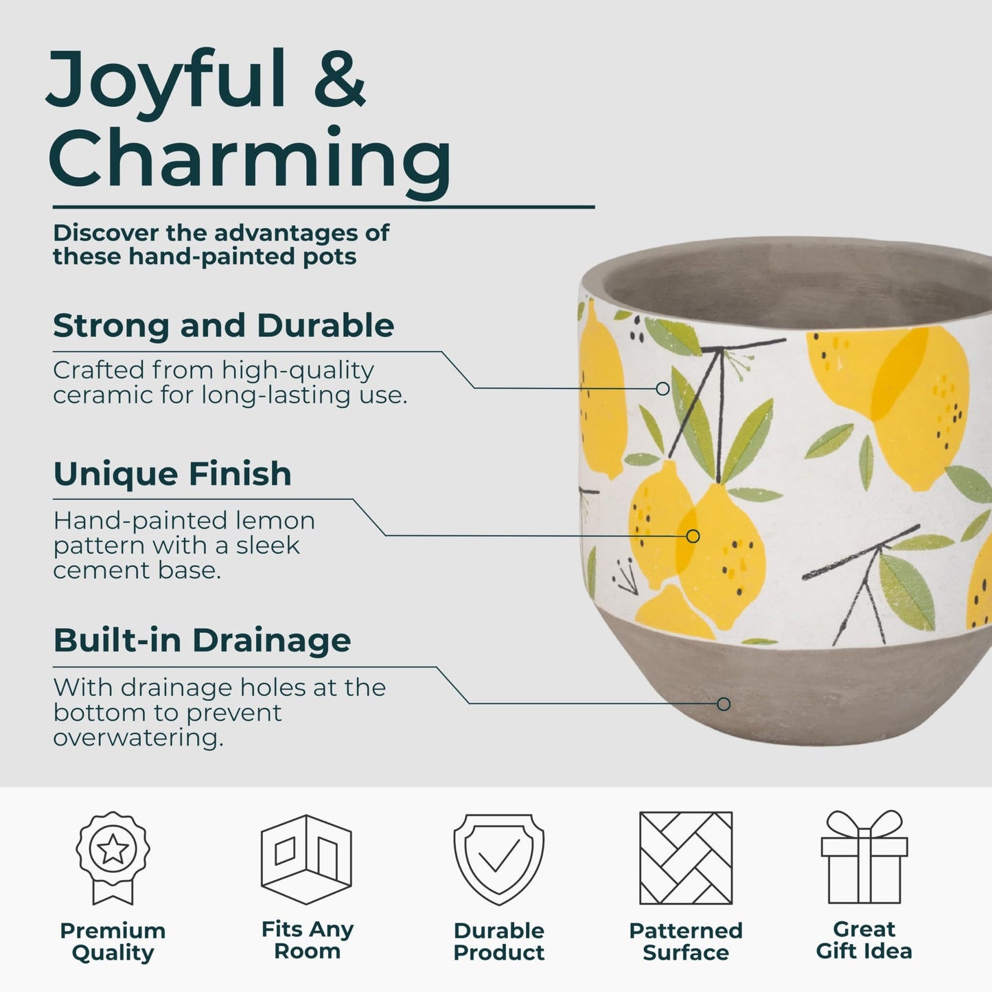 Sagebrook Home Set of 2 Decorative Cement Planters with Drainage Hole - Modern Lemon Print - Indoor/Outdoor Use - 7", 6" Yellow, White, Gray