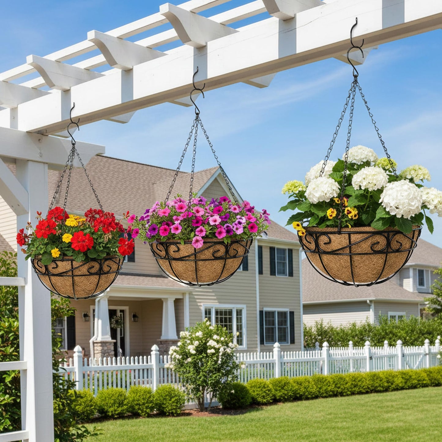 EIMQUVW Outdoor Metal Hanging Planters Basket (4pack, 10 inch) Hanging Baskets for Plants Chain Round Wire Plant Holder with Coco Fiber Liners for Garden, Patio, Deck, Porch(Flower Border)