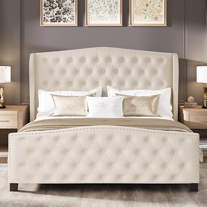 LARMACE Queen Size Bed Frame Velvet Upholstered Platform Bed