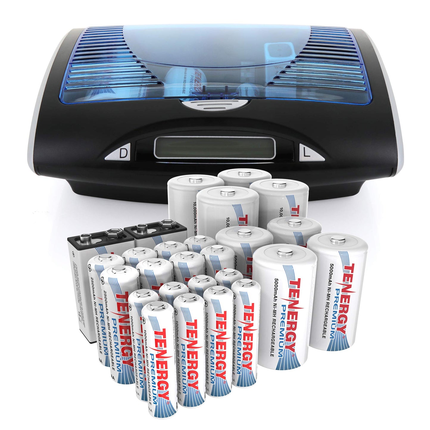 Tenergy T9688 LCD AA/AAA/C/D/9V NiMH/NiCd Battery Charger + Premium 26-Cell NiMH Rechargeable Battery 8AA/8AAA/4C/4D/2 9V Batteries