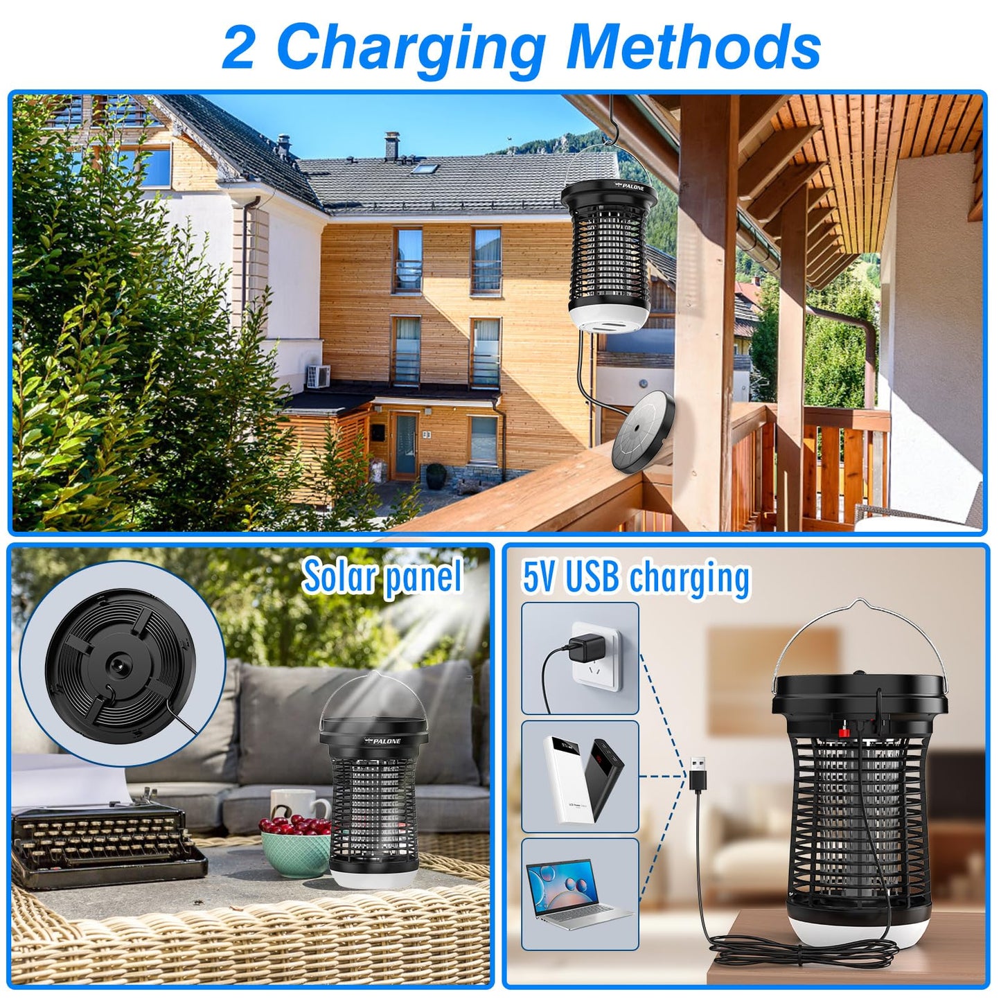 PALONE Solar Bug Zapper Outdoor, Detachable Solar Mosquito Zapper, Insect Zapper Indoor with LED Light, 4500V Fly Zapper 4 in 1 Electric Bug Zapper for Outdoor Camping Patio Garden Mosquito Killer