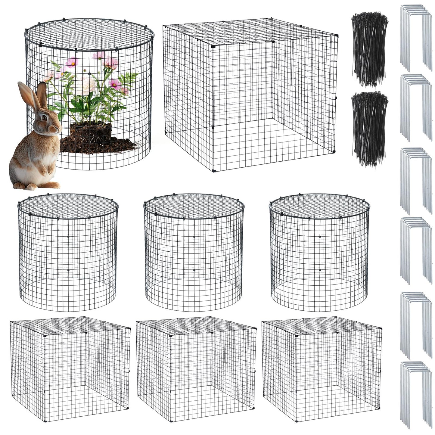 Shimeyao 6 Set Garden Plant Protectors from Animals 12'' x 12'' Metal Wire Protectors Cage with Stakes, Metal Mesh and Detachable Covers Wire Cloche for Keeping Bunny Chicken Out, Garden Protection