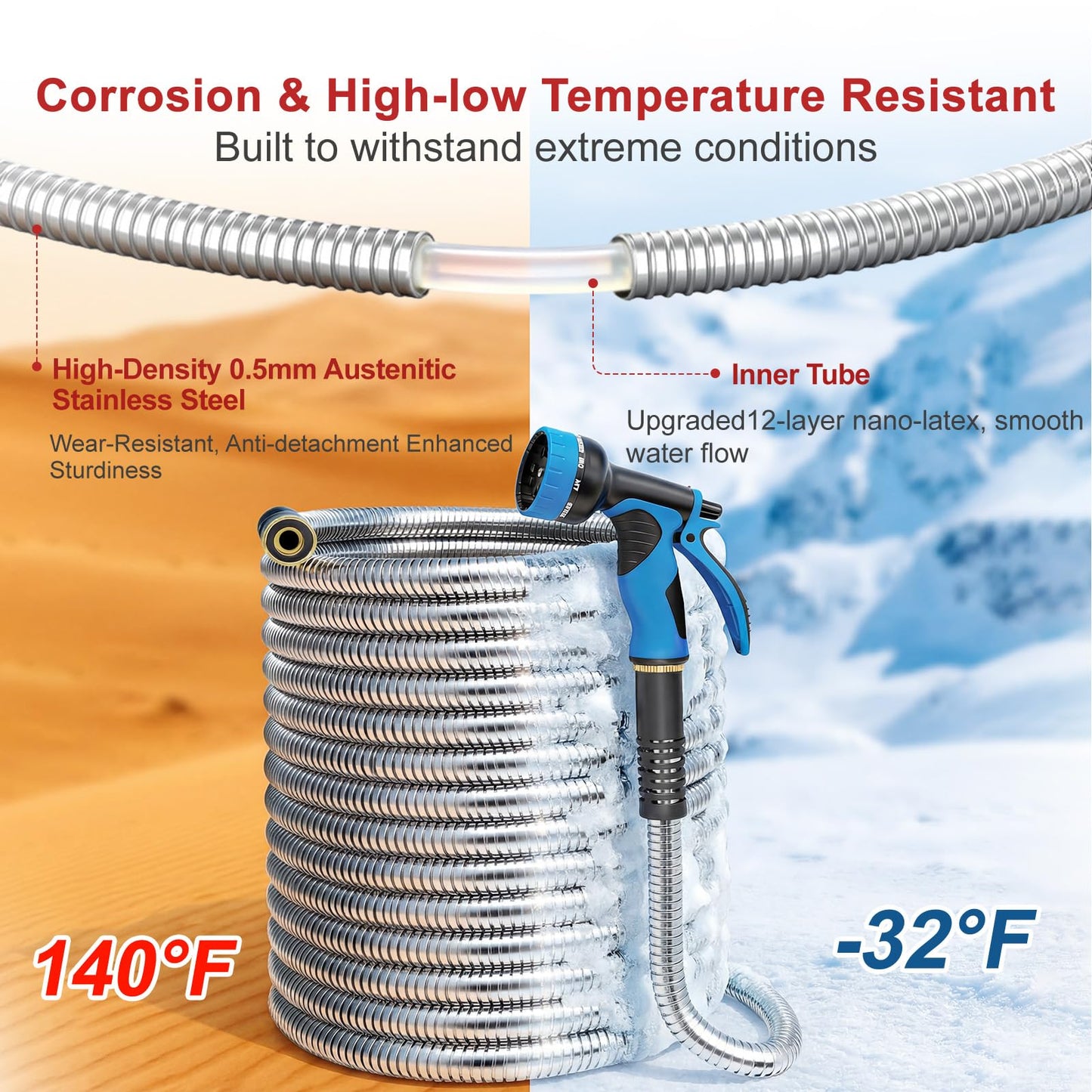 Lefree 75ft Metal Garden Hose - Heavy Duty 304 Stainless Steel Flexible Water Hose, No Kinks & Leak-Proof with Upgraded Handle, 10-Function Spray Nozzle for Yard, Garden, Pet Bath, Outdoor Cleaning