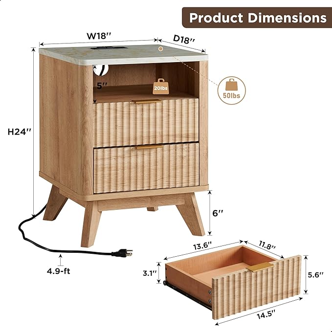 T4TREAM Fluted Nightstand with Charging Station, 2 Drawers End Table w/Storage