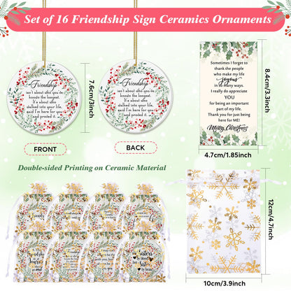 Suzile 16 Pcs Friendship Christmas Ornaments Ceramic Round Friends Ornaments Long Distance Sister Christmas Ornament Gift with Greeting Cards Organza Gift Bag for Christmas Tree (Berry)