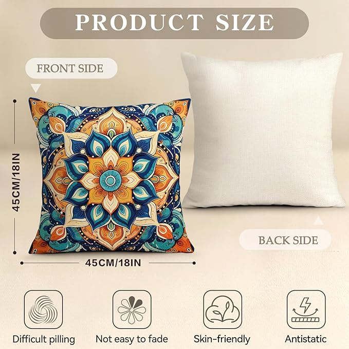 OBSEDE Boho Mandala Throw Pillow Covers Set of 4, 18x18 Inch Blue and Orange