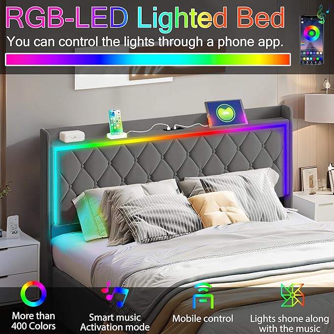 Modern Multi-Color LED Light Queen Bed Frame