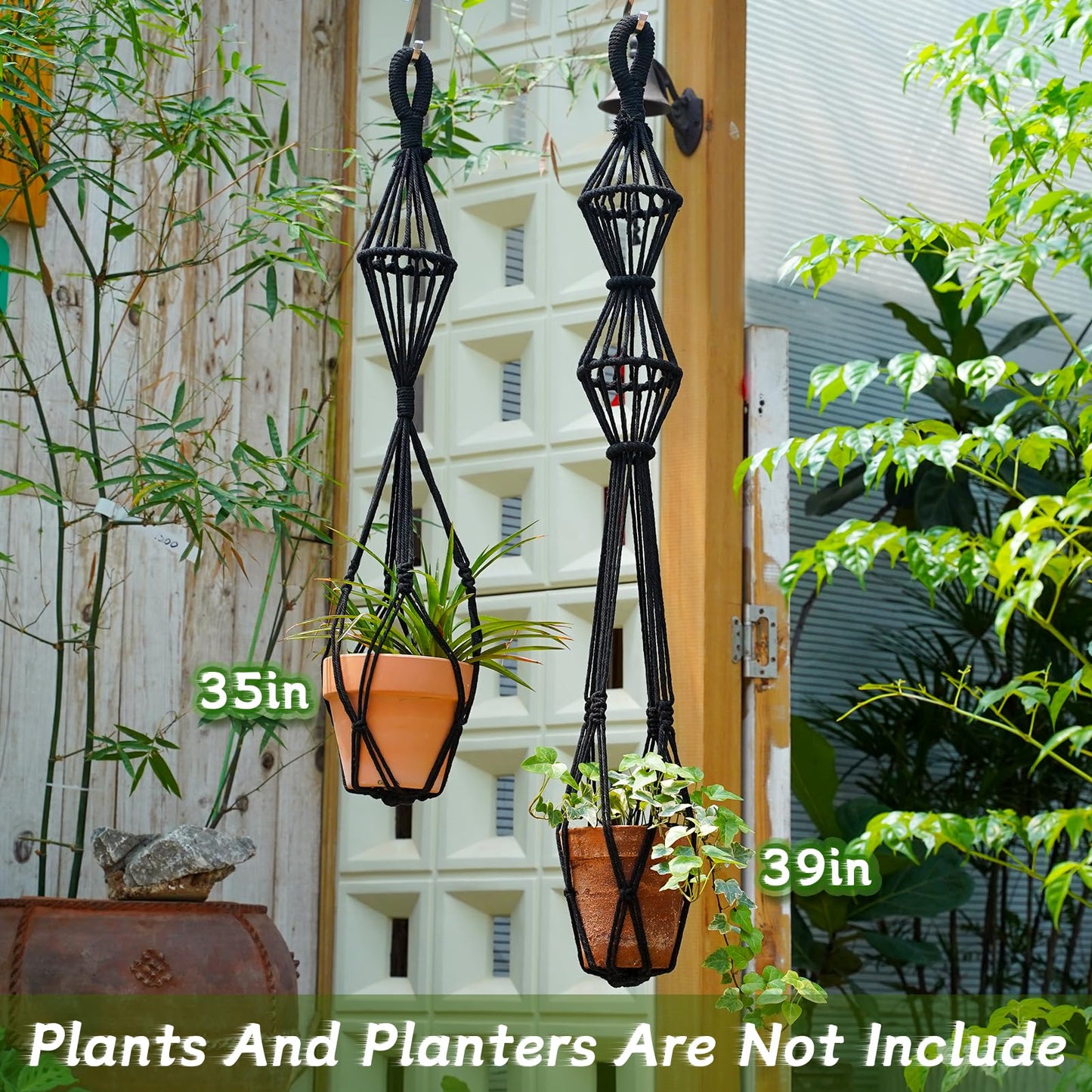 XINBOR Hourglass Floating Macrame Plant Hangers 2 Pack Handmade Cotton Rope Hanging Planters Basket with S Hooks, Diamond Openwork Boho Home Decor for Indoor Outdoor, Plants Holder 35" & 39” (Black)