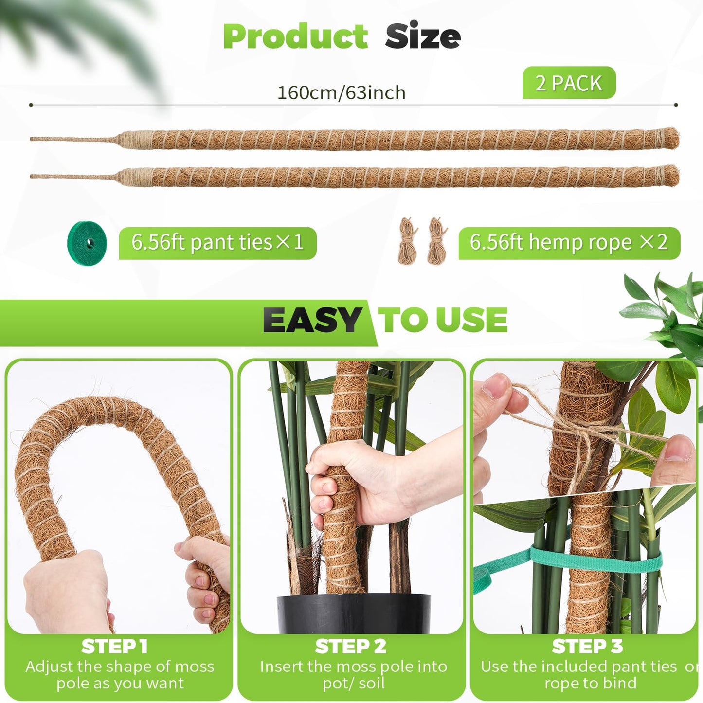 2 Pack Moss Pole Monstera Plant Support 63 Inch Bendable Monstera Support for Climbing Plants Extra Large Handmade Moss Poles Aluminum Plant Support Stakes Indoor Grow Upwards