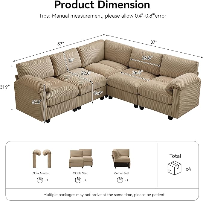 87'' V-Shaped Sectional Sofa Couch, 5-Seater Modular Couches