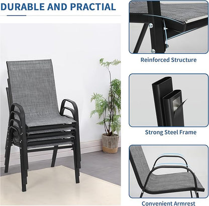 PIZZELLO Patio Chairs Set of 4, Outdoor Stackable Dining Chairs for All Weather, Lightweight Textilene Outdoor Chair Sets with Armrests, 330Lbs Capacity, for Backyard Porch Poolside Garden (Grey)