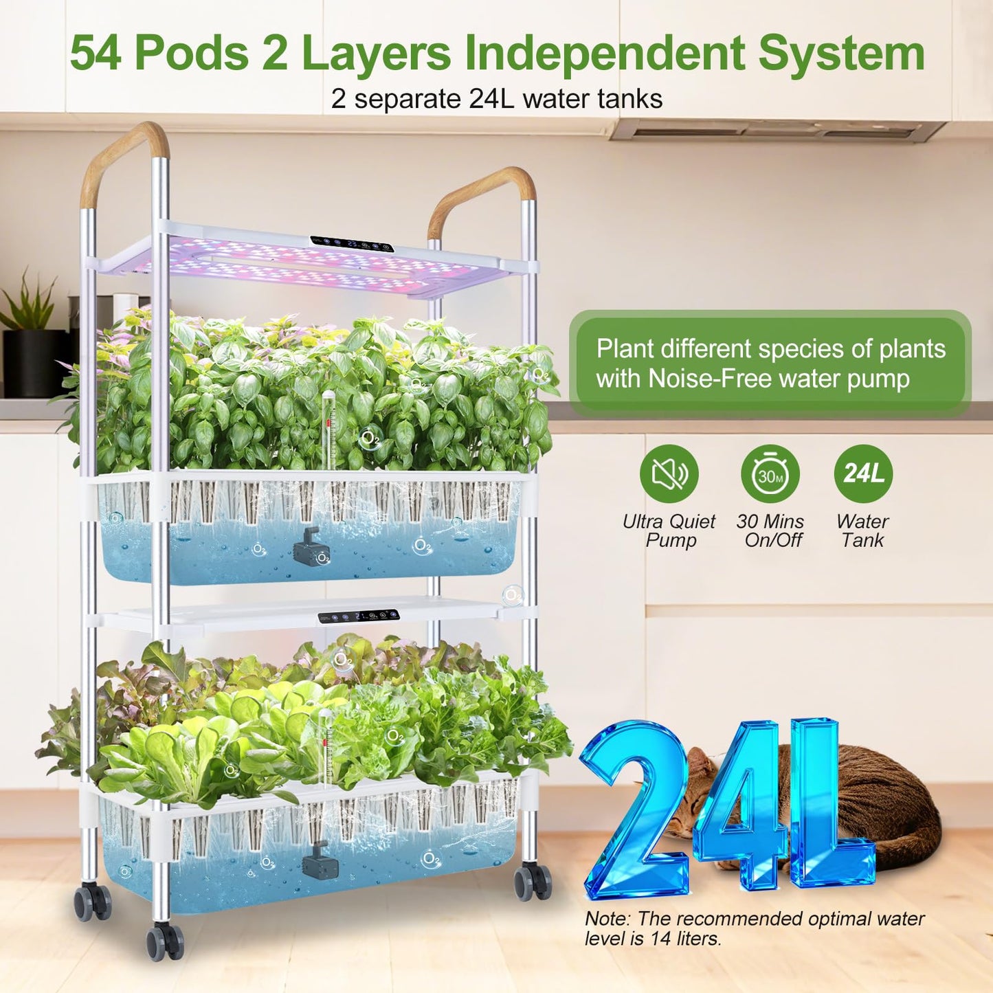 Indoor Hydroponic Growing System with 54 Pods Herbs Garden Kit with 30W Led Grow Light Large Movable 2-Layer Floor-Standing Hydroponic Gardening System for Vegetable Fruit