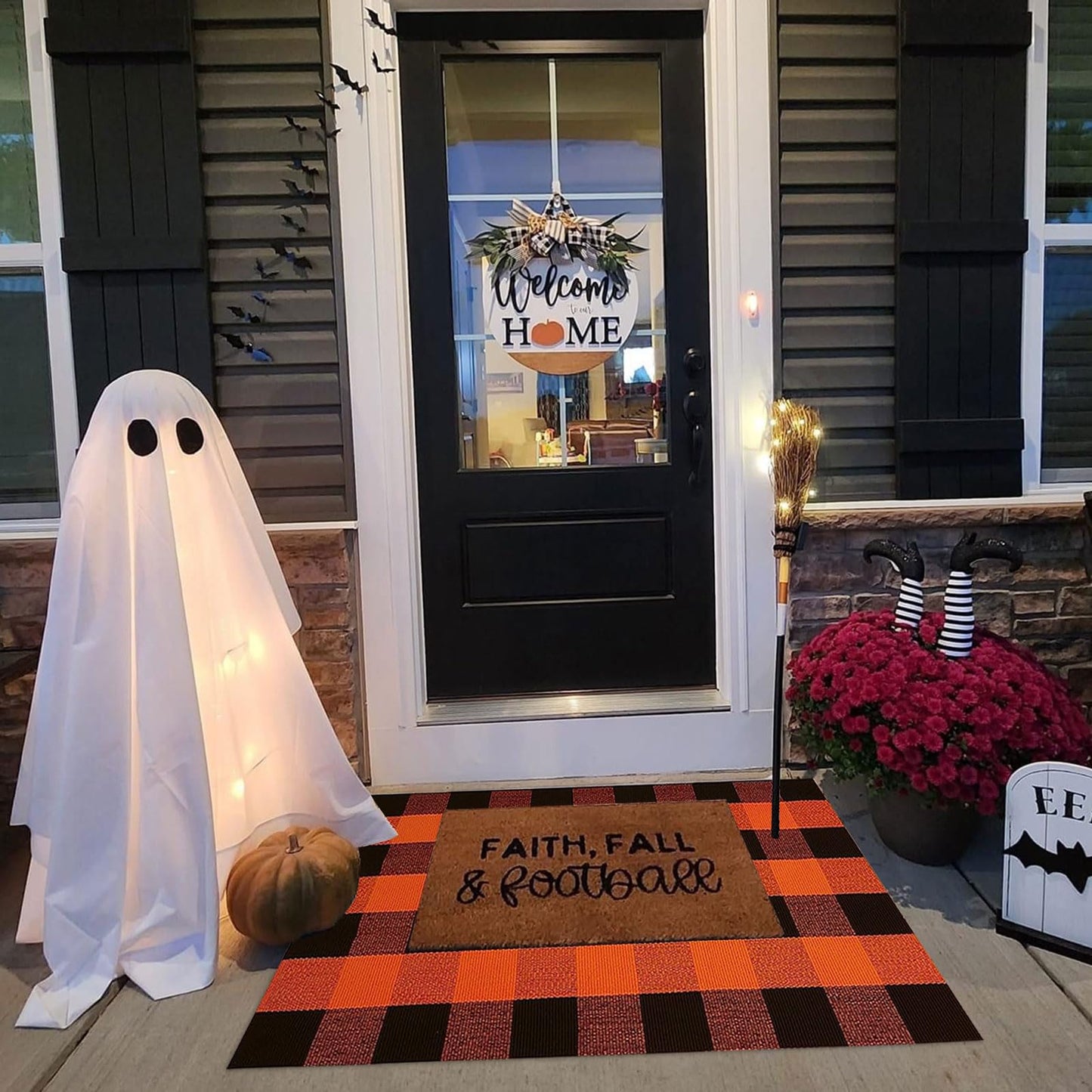 Fall Outdoor Rug Orange Buffalo Plaid Outdoor Rug Cotton Hand-Woven Buffalo Check Rug Layered Doormats for Front Door/Front Porch/Farmhouse/Entryway/Patio(Orange and Black Plaid, 27.5'' x 43'')