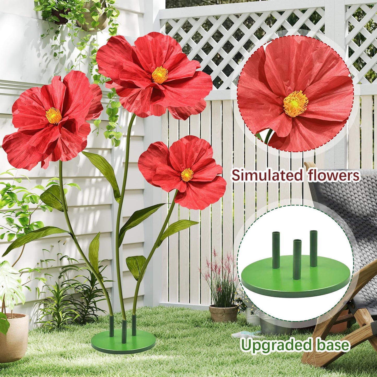 X-Kingsun 3Pcs 5.5ft Giant Poppy Plastic Flower Decoration with Stand Base Artificial Plastic Flowers Handcrafted Flowers for Wedding Outdoor Party Birthday Home Garden Backdrop Memorial Day