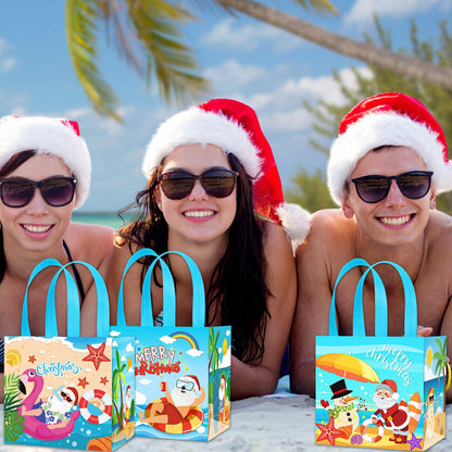 HOWAF 12 PCS Summer Christmas Decorations Gift Bags, Tropical Christmas Non-Woven Tote Bags with Handle Decoration, Beach Santa Goodie Bag for Hawaii Mele Kalikimaka Treat Bag