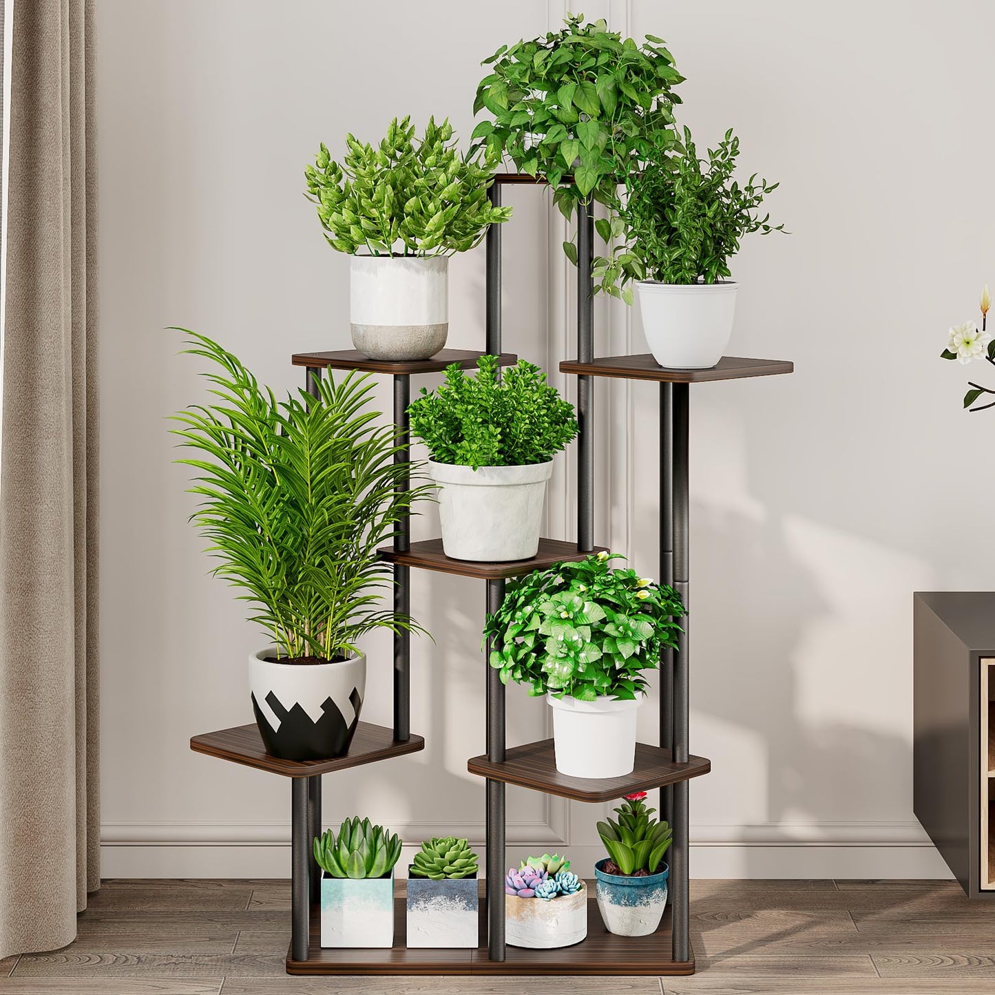 AZERPIAN Plant Stand 7 Tier Indoor Metal Flower Shelf for Multiple Plants Corner Tall Flower Holders for Patio Garden Living Room Balcony Bedroom, Black Oak