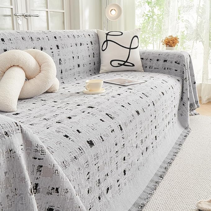 DREAMINGO Abstract Chenille Couch Cover Blanket Grey Black Boho Sofa Cover