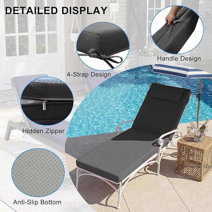 Outdoor Chaise Lounge Cushions, 71x21 Inch Olefin Water & Fade Resistant Pool