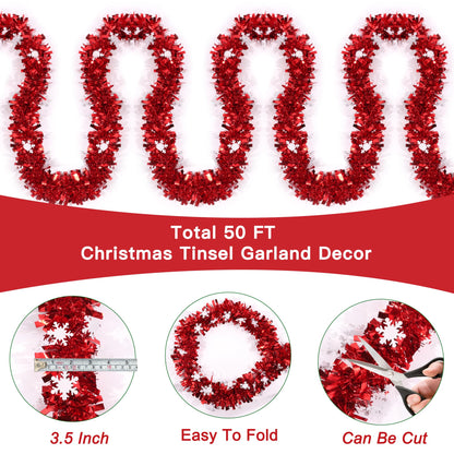 50 Feet Red Christmas Tinsel Garland with Snowflake Ornaments Metallic Twist Shiny Xmas Decorations Tree Garlands for Home Mantle Office Stair Indoor Outdoor Holiday Decor Party Supplies