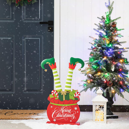 Glitzhome "Merry Christmas" Elf Legs Porch Sign, 24.5" Wood & Metal Gift Bag Display for Holiday, Festive Indoor Outdoor Welcome Greeting Decoration