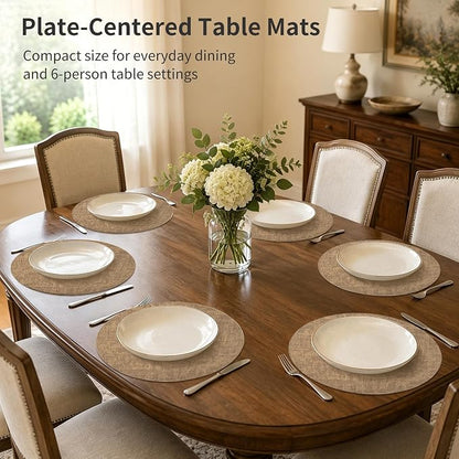 Maxpearl Round Placemats Set of 6, 13.8 inch Faux Leather Heat Resistant Table Mats, Non Slip Waterproof Wipeable Place Mats for Kitchen Dining Holiday Party Table Settings, Brown