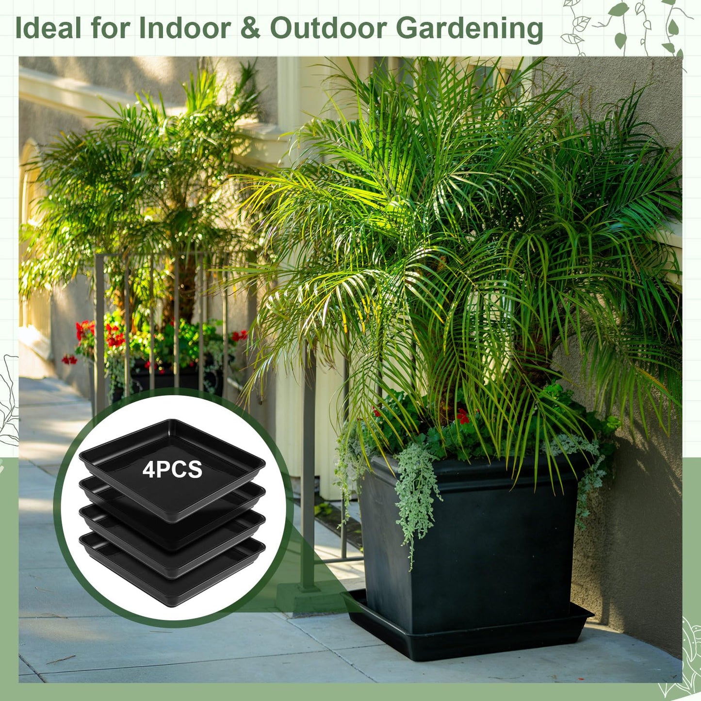 Vesici 4 Pack Large Squared Plant Saucer 23.6 x23.6”x 3” Black Plastic Garden Square Potting Tray for Indoor Outdoor Plant Water Receiving Tray for Flower Pot Planter, Windowsill