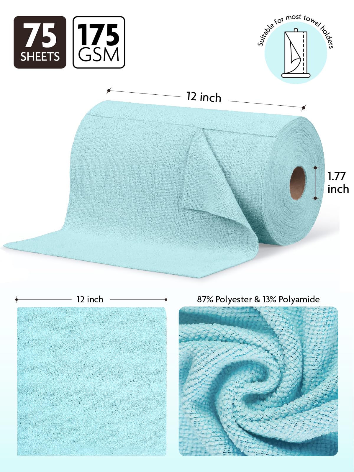 Fantasticlean Microfiber Cleaning Cloth Roll -75 Pack, Tear Away Microfiber Towels, 12" x 12", Reusable, Washable, Scratch Free, Ultra Absorbent Dishcloth for All-Around Cleaning Supplies (Blue)