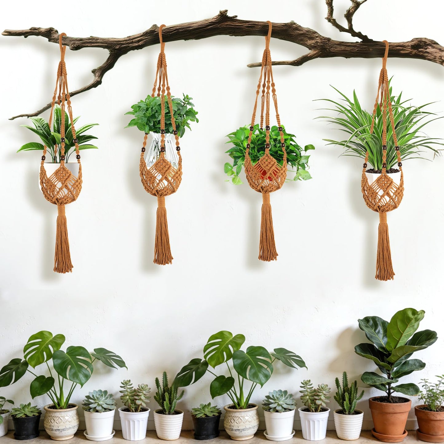 Augshy Jute Crochet Macrame Plant Hangers with Hooks, 2 Pack 35 Inch Natural Cotton Boho Indoor Outdoor Brown Planter Hanging Holder for Ceiling Balcony Porch Home Decor