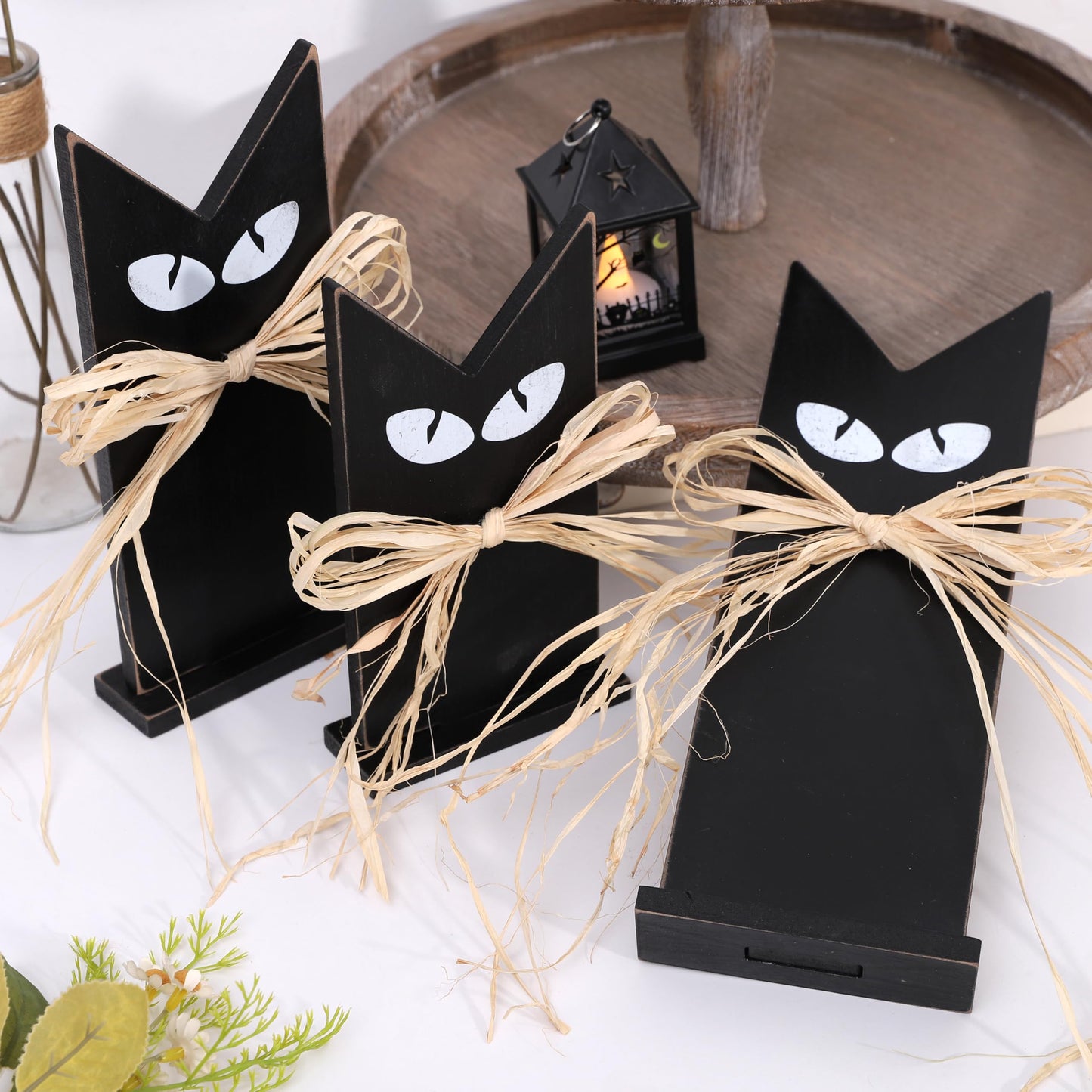Set of 3 Wooden Black Cats Table Decor – Rustic Halloween Decorations, Tiered Tray Accents, Farmhouse Spooky Black Cat Figurines in 3 Sizes