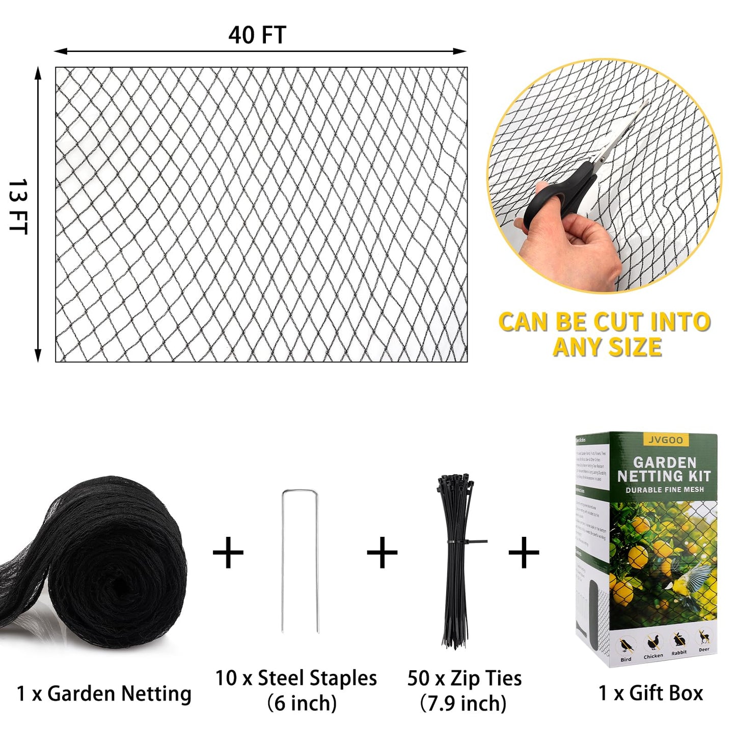 Jvgoo Bird Netting for Garden, 13 x 40 FT Bird Netting for Chicken Coop, Heavy Duty Garden Poultry Net Mesh with Ties and Staples for Fruit Trees Vegetables Against Birds, Deer, Squirrels