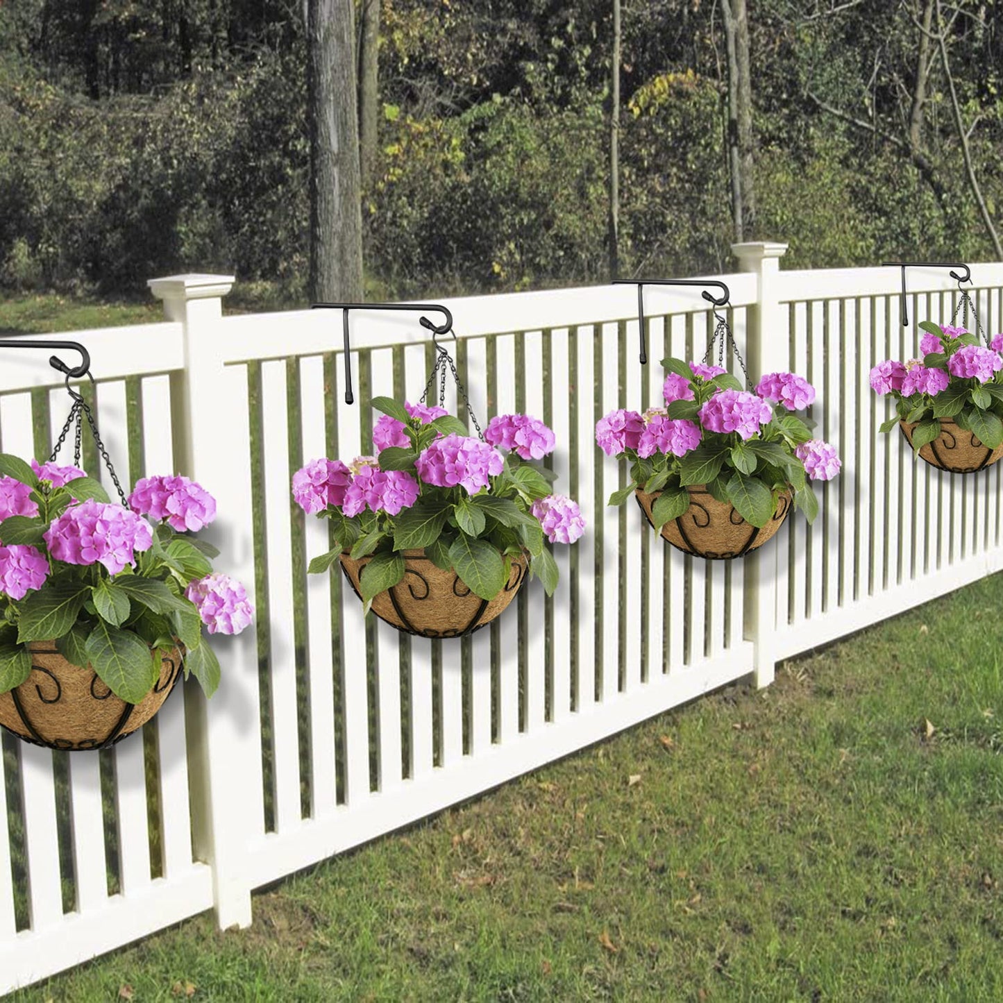 Vinazone Vinyl Fence Hooks for Hanging, Heavy Duty Patio Hangers, Outdoor Fence Hangers for Hanging Flower Baskets, Wind Chimes, Planters, Bird Feeders, Lights, Lanterns - 2 Pack - Black Color