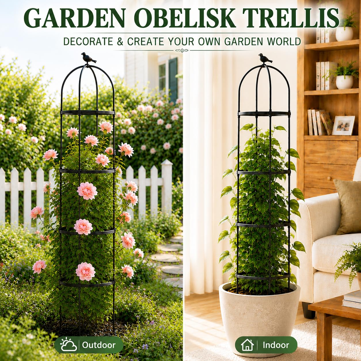 Garden Obelisk Trellis for Climbing Plants Outdoor, 6.3 ft Tall Trellis for Roses Clematis Jasmine Ivy Flower Light Climbing Vines Potted Plant Support, Patio, Yard, Black, 2PCS